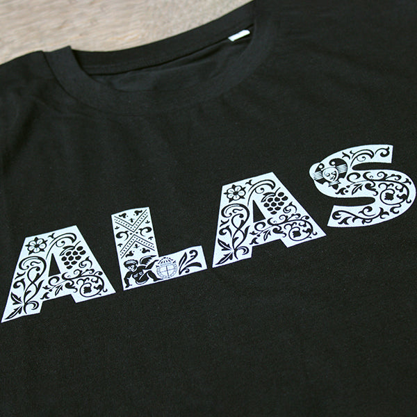black t-shirt with an intricate text print on the chest in white