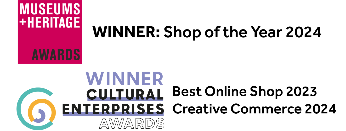 Museum and Heritage Awards pink square block with white text and black text within, with Winner: Shop of the Year 2024 written in black text to the right of the graphic, below is athe blue, yellow and purple Cultural Enterprises swirl logo with the test winner, to the right in bolc black text reads: Best online shop 2023 and below this, Creative Commerce 2024