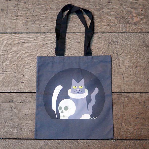 Grey cotton tote bag with two black cotton handles and black circular graphic on the centre front and back with Shakespeares cat