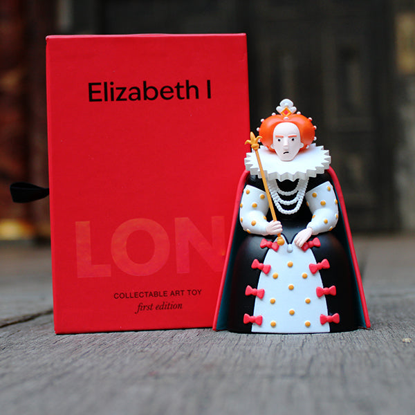 Black, red, yellow and white Queen Elizabeth I art toy made of pvc with red hard card box