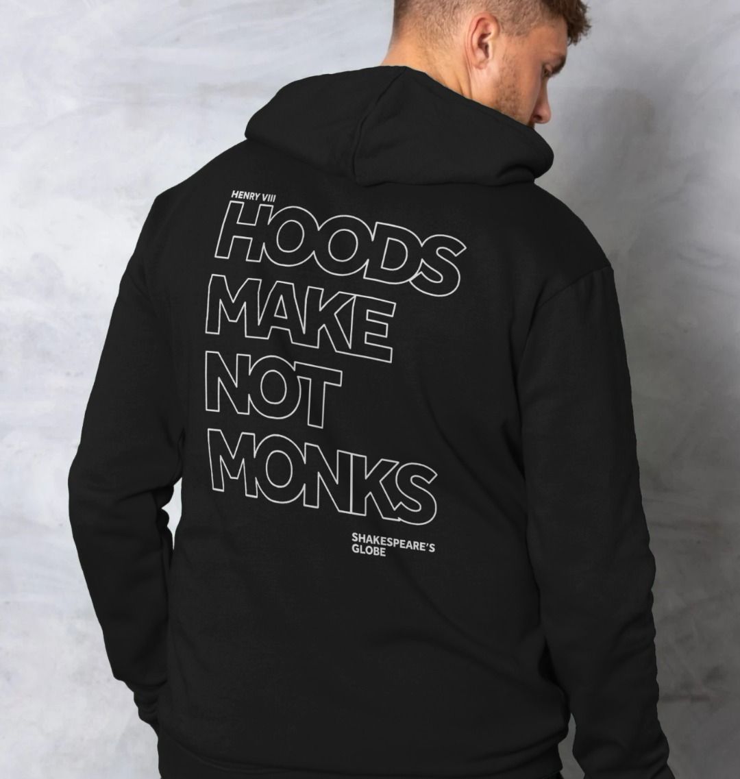 Black cotton hoodie with a large back print of a quote in outline white text