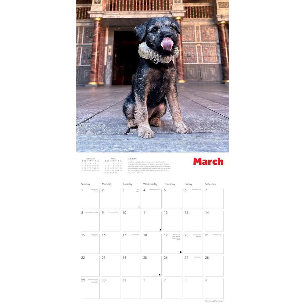 Open page of a calendar featuring a photograph of a small dog wearing a ruff