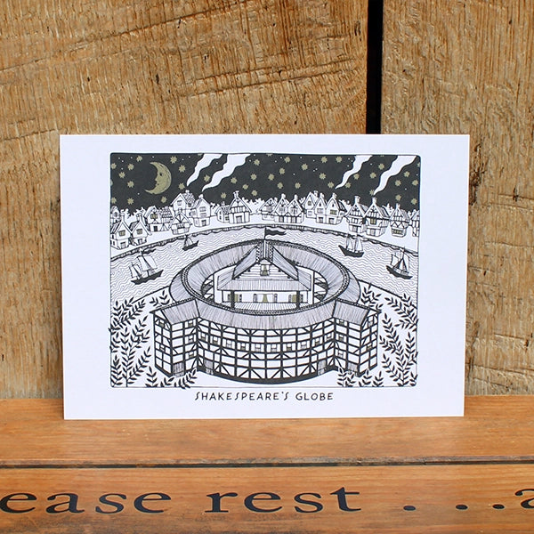 Black and white etching style print of the Globe Theatre
