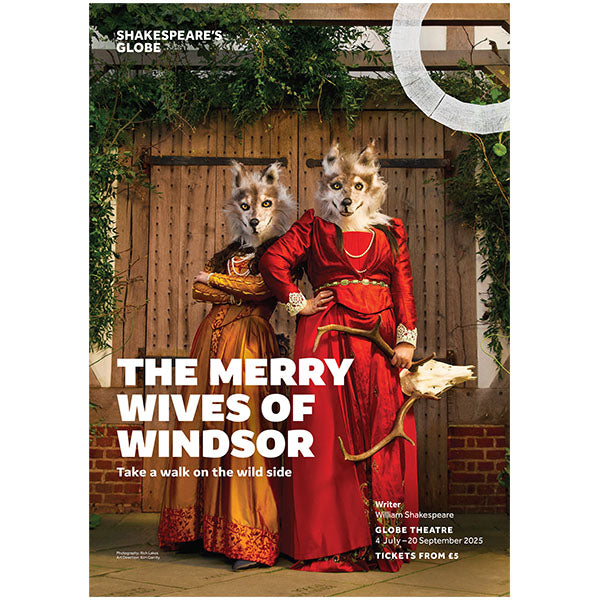 poster showing the doors into the Globe Theatre, in front of them stand two women in Elizabethan dress with wolf heads