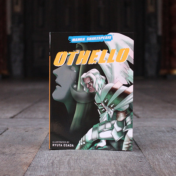 Paperback manga book with yellow text and manga depiction of Othello on front cover