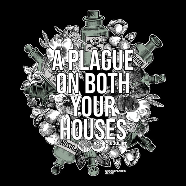 Black standard fit t-shirt with centre front graphic of poison bottles, flowers, and graphic white text