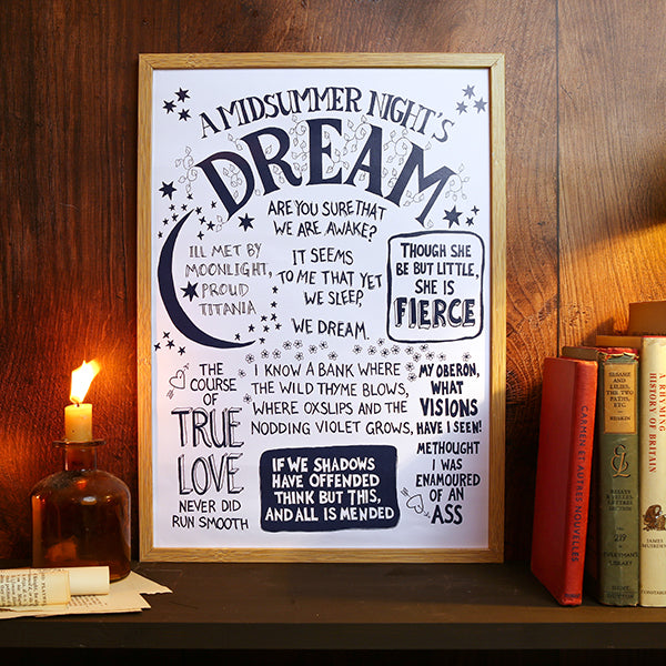 Framed print of 'A Midsummer Night's Dream' text on a wooden shelf with books and a candle.