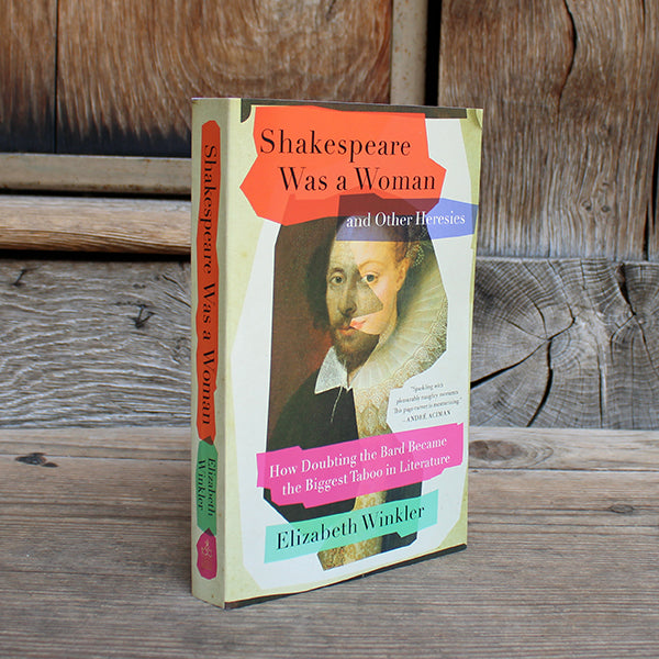 Beige hardback book sleeve with red, pink, blue and green colour swathes across image of Shakespeare with Elizabethan woman superimposed over one half
