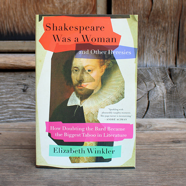 Beige hardback book sleeve with red, pink, blue and green colour swathes across image of Shakespeare with Elizabethan woman superimposed over one half