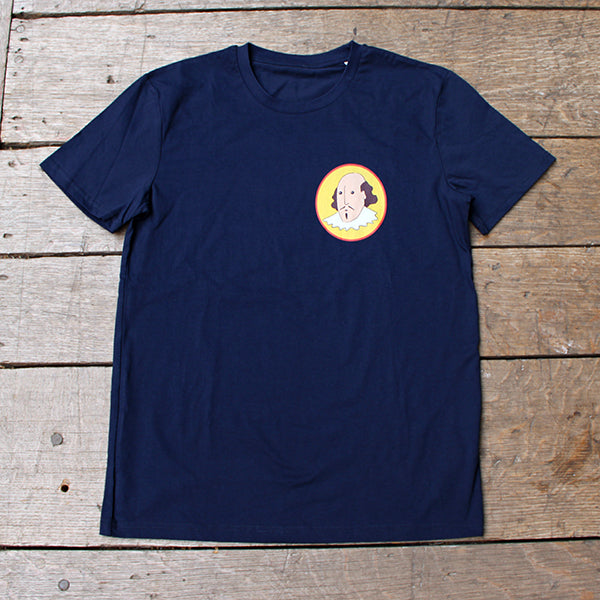 Navy blue cotton t-shirt with fist sized yellow oval portrait of cartoon shakespeare on left breast