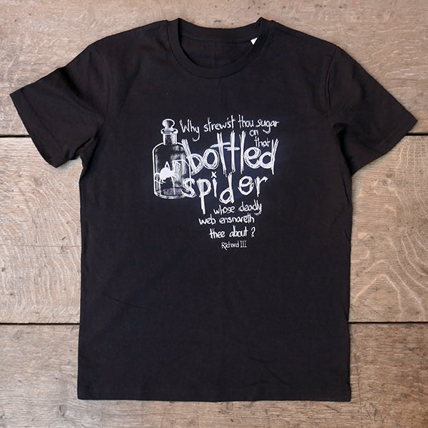 Black t-shirt with white graphic text and image of bottled spider in centre