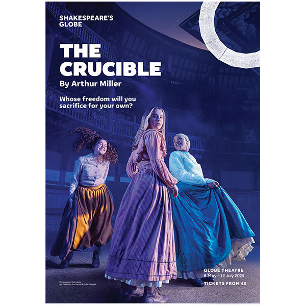 poster showing the inside of the Globe Theatre, three women stand in the yard dressed in long skirts