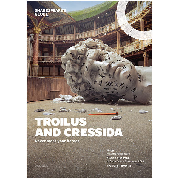 Poster of a view inside the Globe Theatre. A giant plaster head lays in the yard