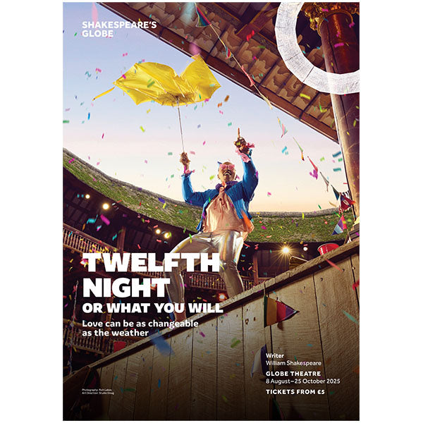 poster with a view inside the Globe Theatre, on stage is a man in sunglasses holding a yellow umbrella