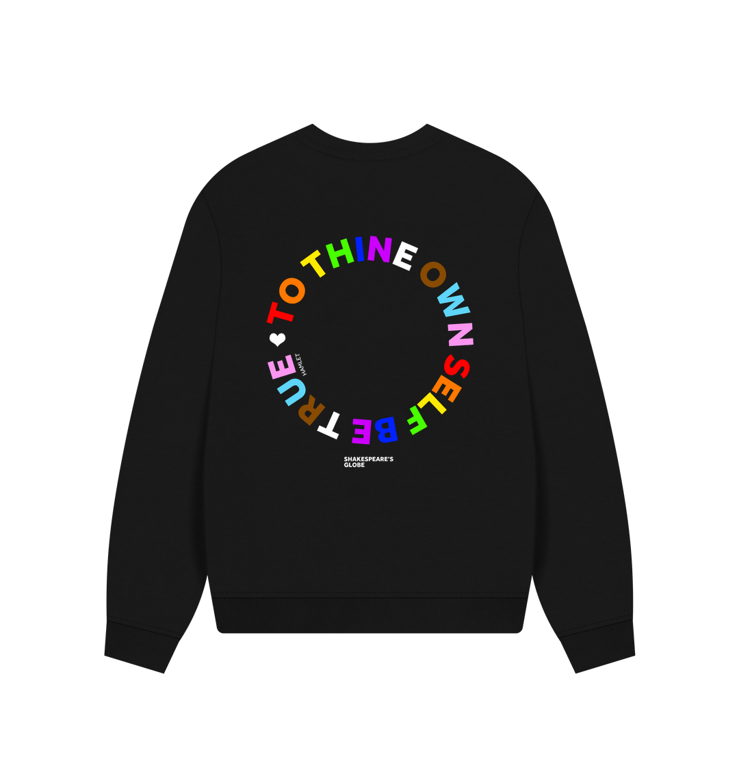 Black boxy fit cotton sweatshirt with circular graphic text on centre back, each letter in colours of the Pride flags