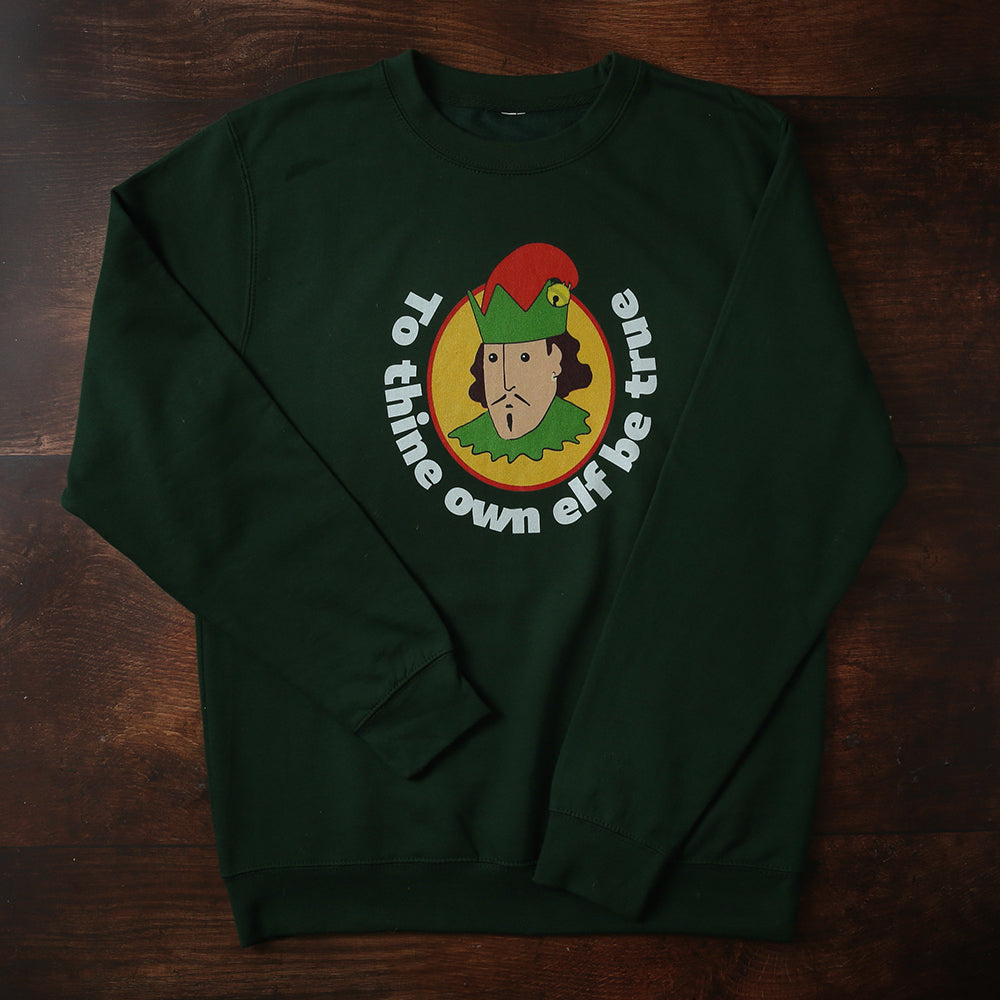 Forest green polycotton sweatshirt with cartoon elf William Shakespeare in yellow portrait background with white graphic text surround