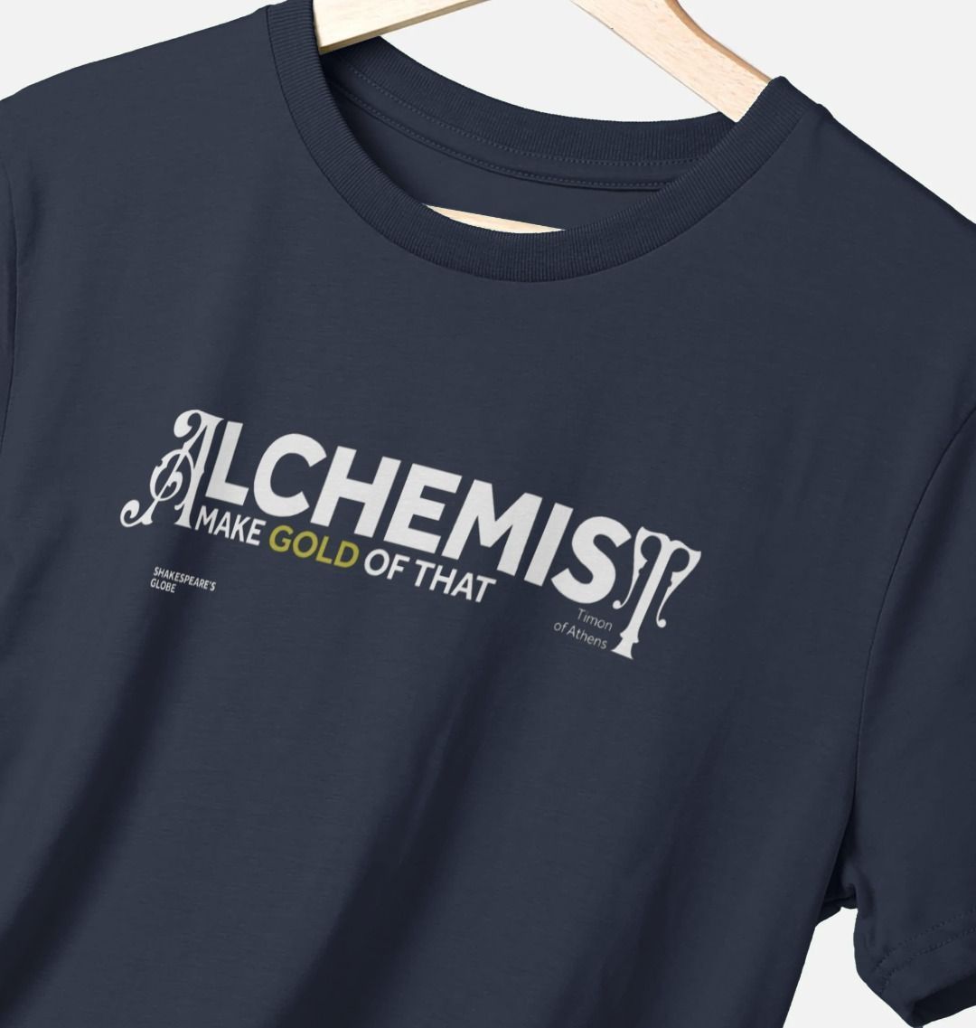 Navy blue standard fit t-shirt with white graphic text on centre front