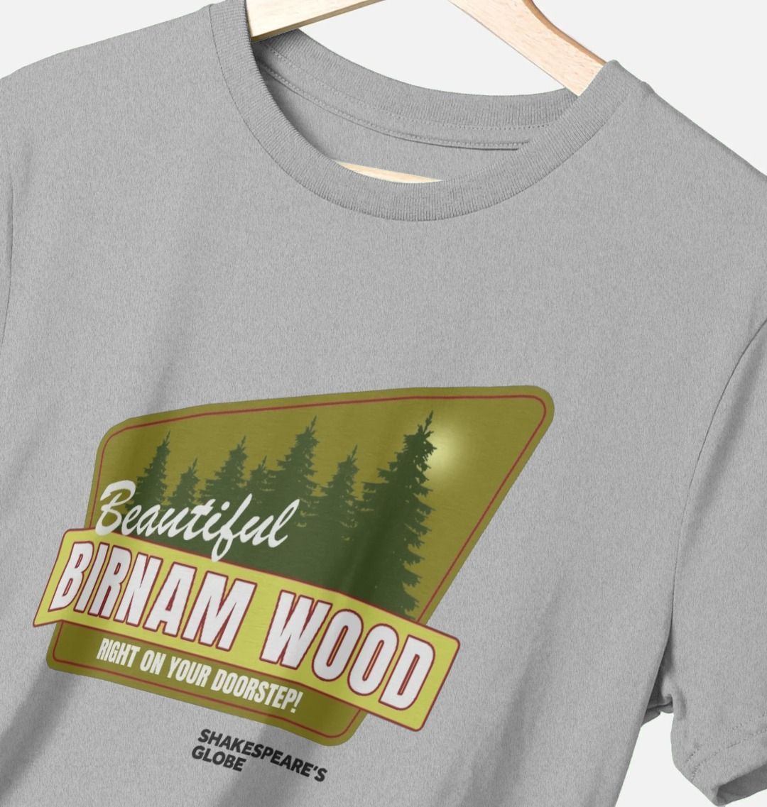 Grey standard fit t-shirt with yellow and green vintage travel poster image of forest, with white graphic text over top