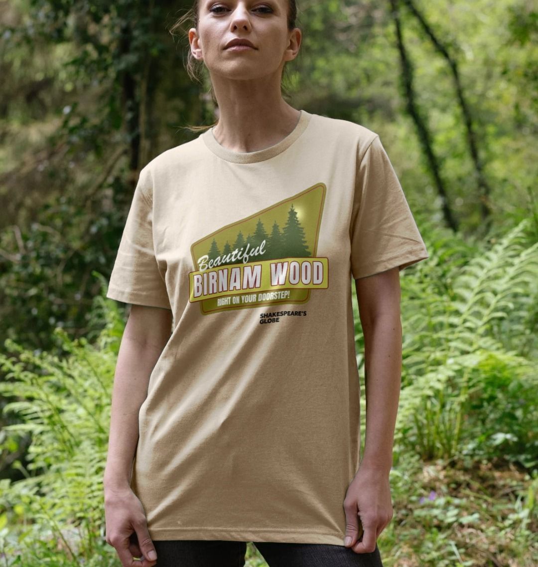Oatmeal colour standard fit t-shirt with yellow and green vintage travel poster image of forest, with white graphic text over top