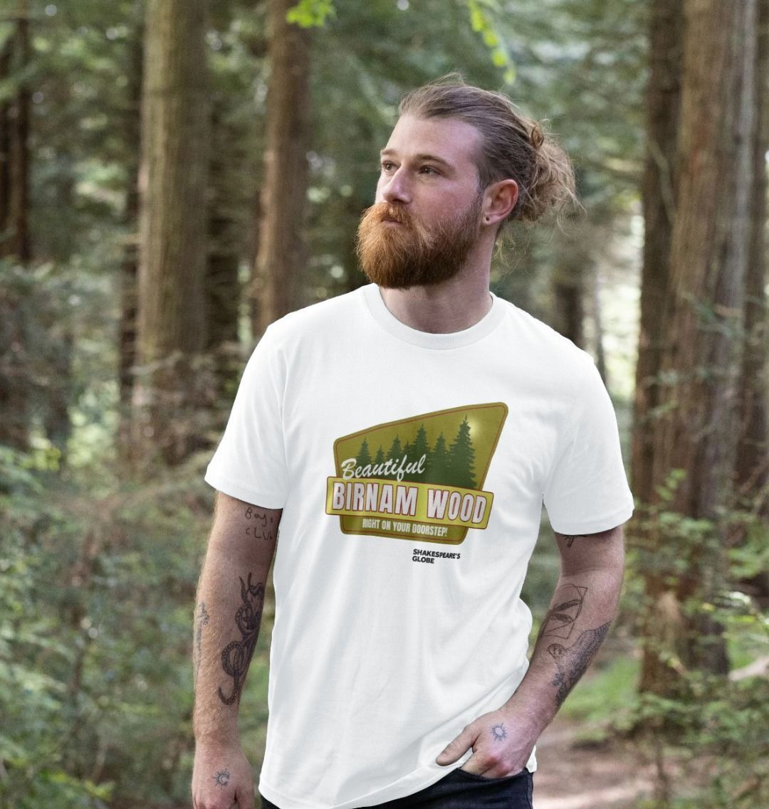 White standard fit t-shirt with yellow and green vintage travel poster image of forest, with white graphic text over top