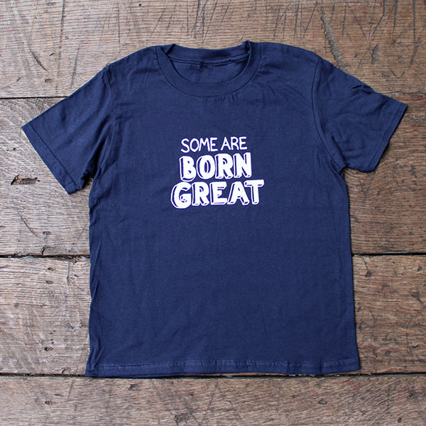 Navy blue kids t-shirt with white graphic cartoon stylized text in centre front