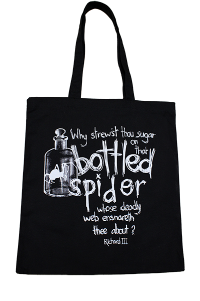 Black cotton 2 handle bag with white graphic text and imagery on front