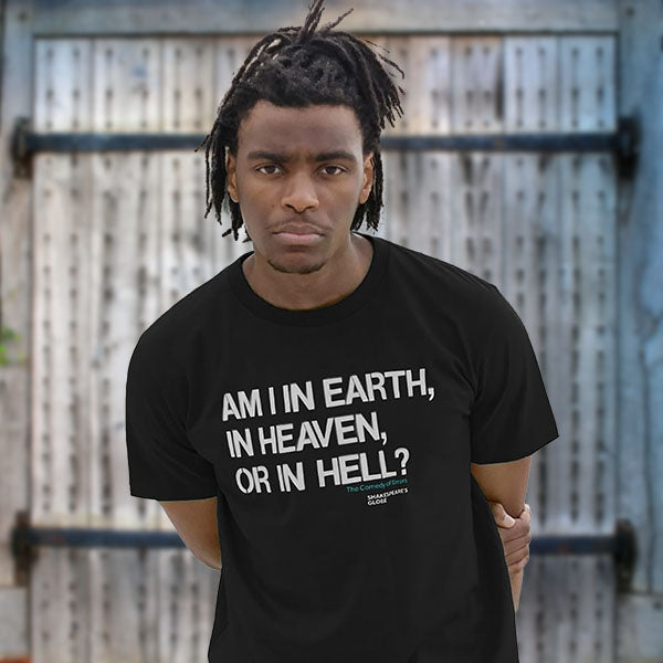 black t-shirt with a print in white of large text on the chest