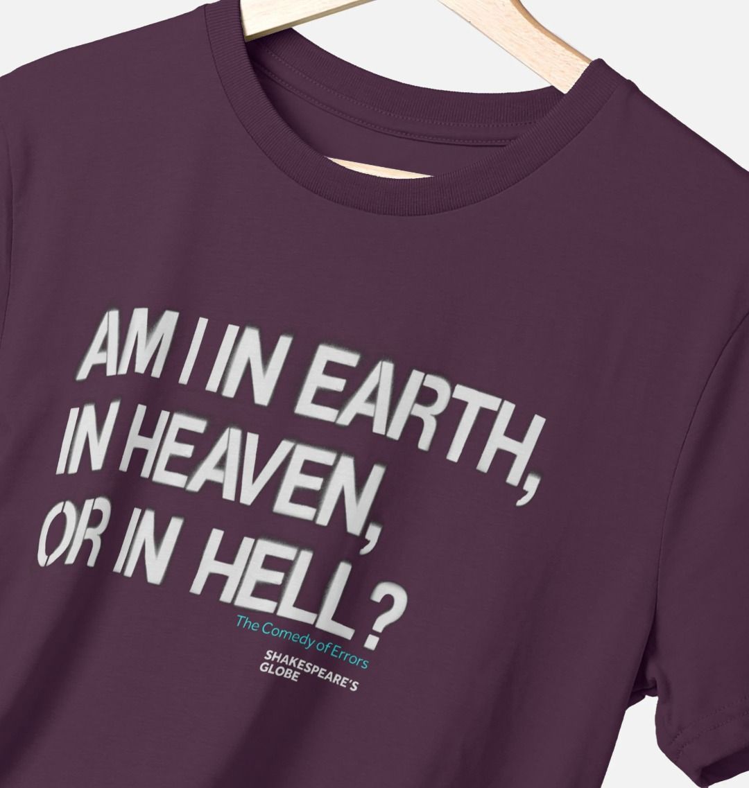 purple t-shirt from Shakespeare's Globe with a printed quote from Shakespeare's The Comedy of Errors