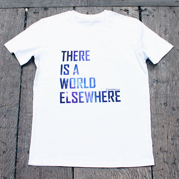White standard fit t-shirt with celestial graphic text print across the centre front
