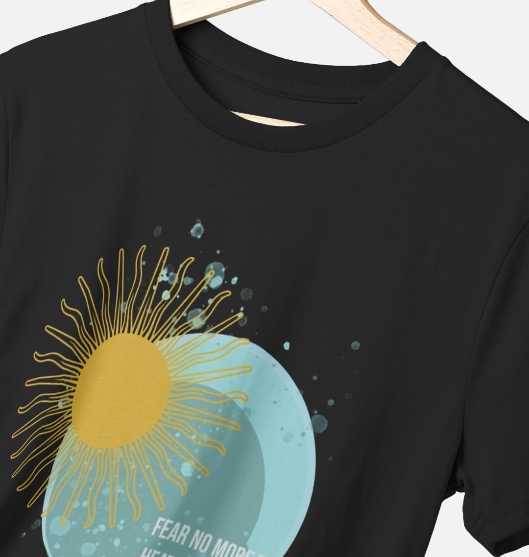 Black t-shirt with pale blue moon and yellow sun graphic with white text