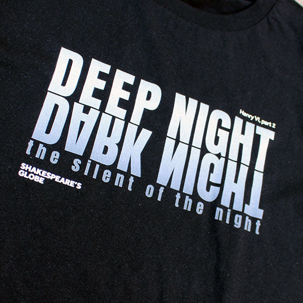 Black standard fit unisex t-shirt with pale grey gradient text graphic on the centre front
