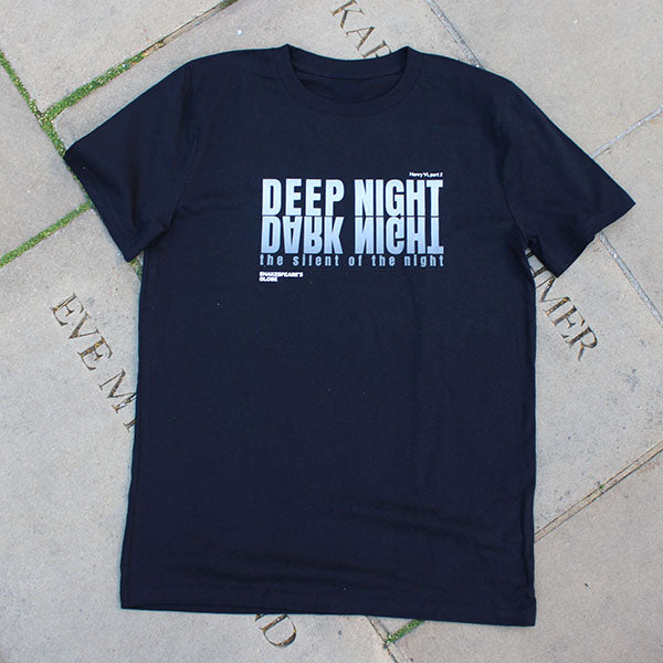 Black standard fit unisex t-shirt with pale grey gradient text graphic on the centre front