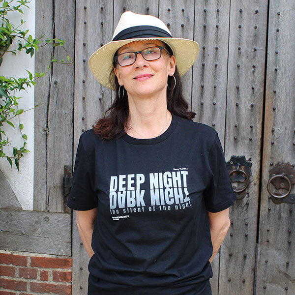 Black standard fit unisex t-shirt with pale grey gradient text graphic on the centre front