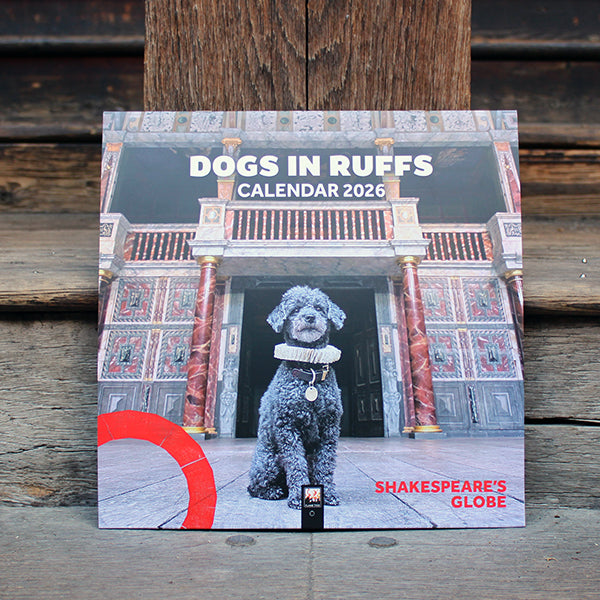 Square calendar with photo of a dog in a ruff on the front cover sitting on the Globe stage