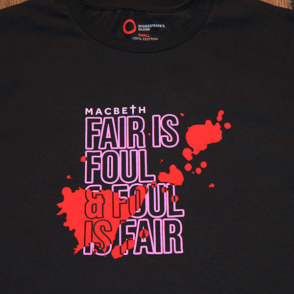 Black cotton t-shirt with hot pink central quote text and blood smear image