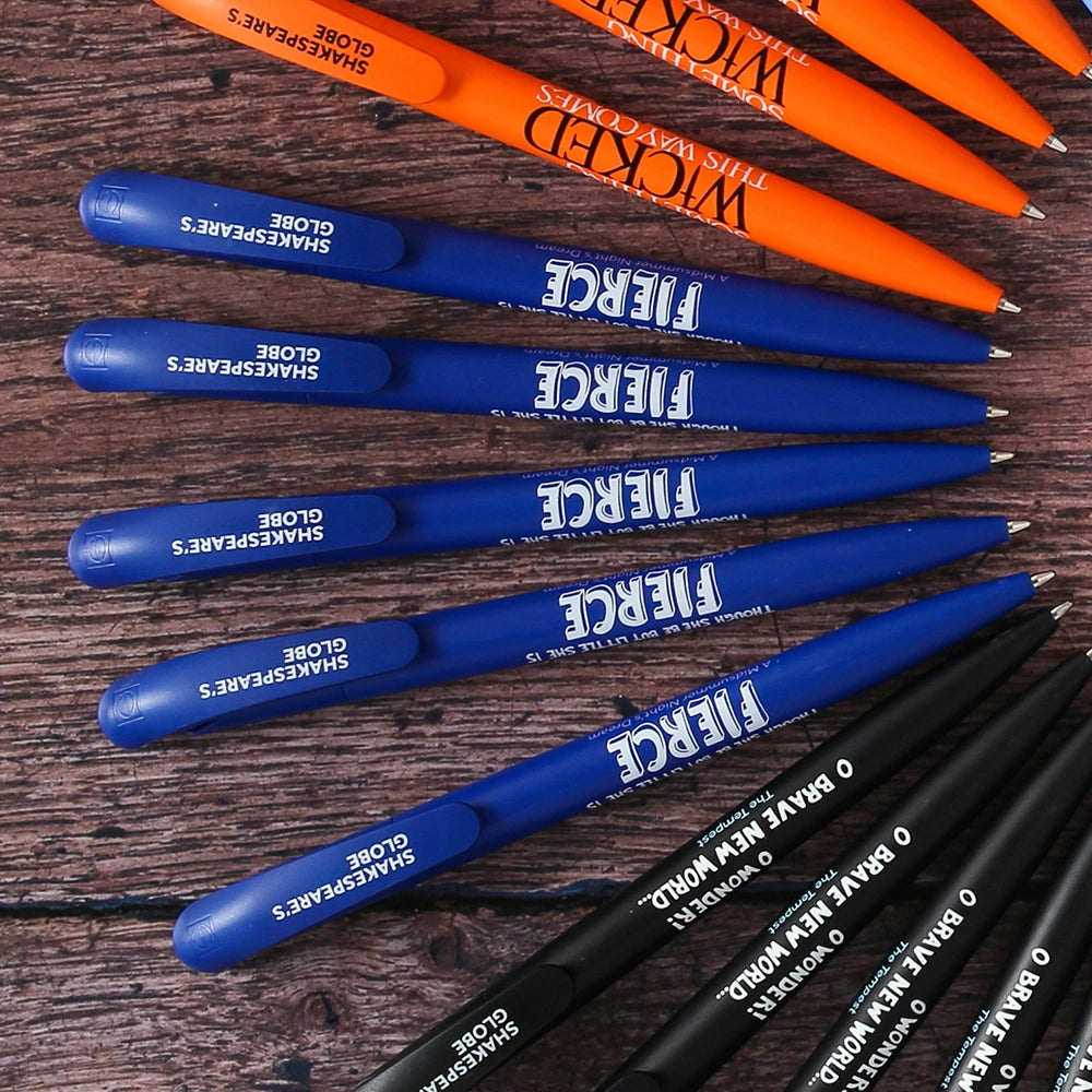 Mid-blue bioplastic ballpoint pen printed on the barrel with a quote from Shakespeare play, A Midsummer Night's Dream,