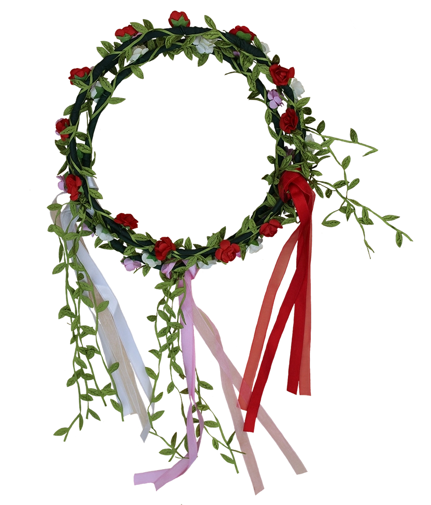 Faux flower and greenery flower crowns, one each of red flower, white flower, pink flower