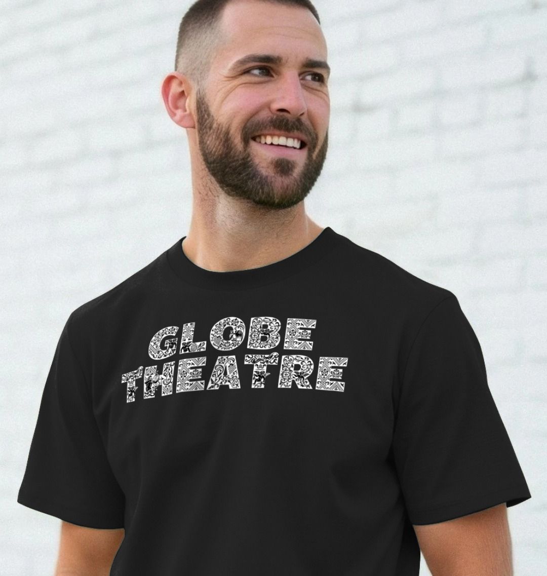 Man wearing a black t-shirt with 'GLOBE THEATRE' text against a white background