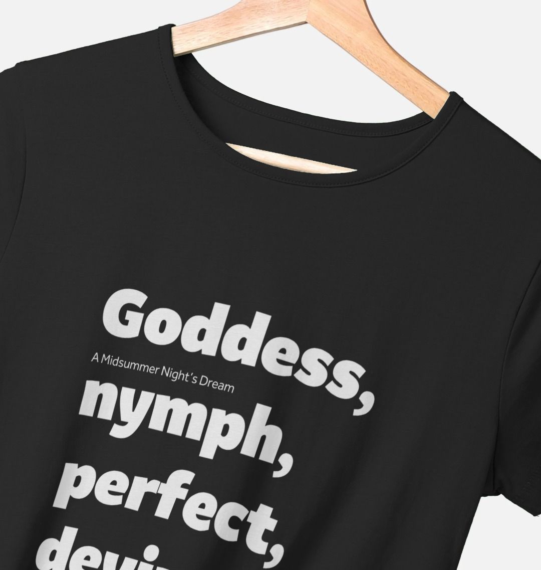 Black t-shirt with white graphic text down centre front