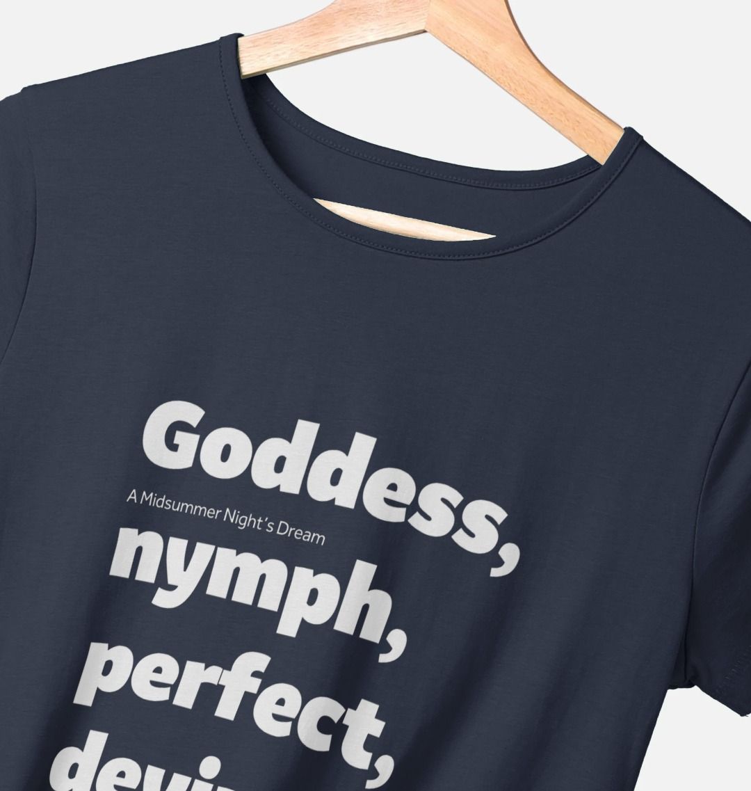Navy blue t-shirt with white graphic text down centre front
