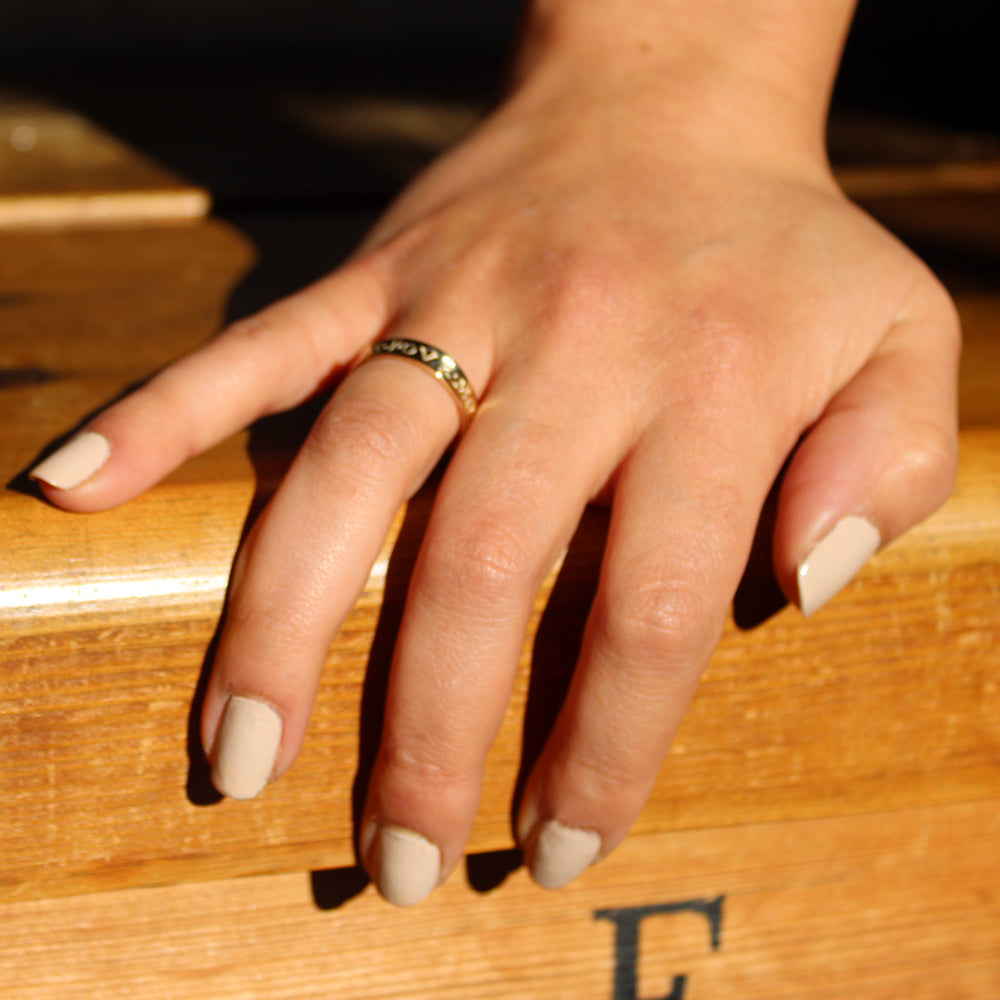 A hand wearing a gold ring on a wooden background