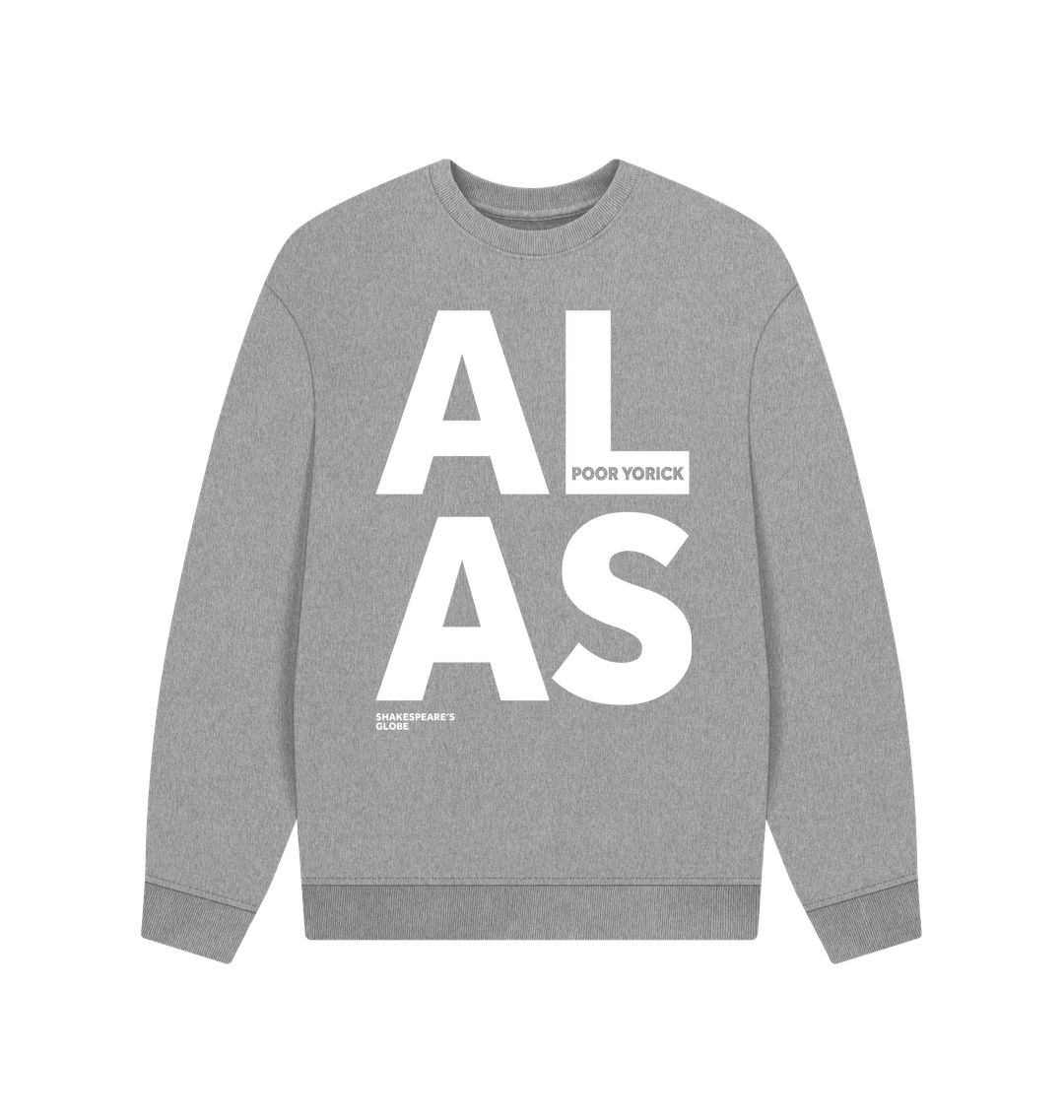 Gray sweatshirt with 'ALAS' printed in white on a white background