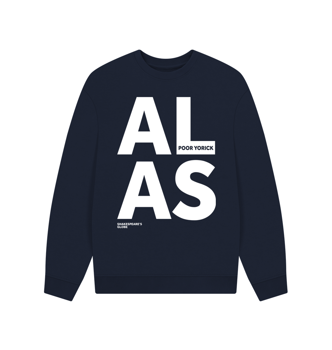 Navy blue sweatshirt with 'ALAS' printed in white on a white background