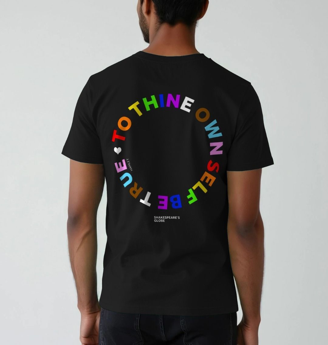 black t-shirt printed on the back with a colourful quote