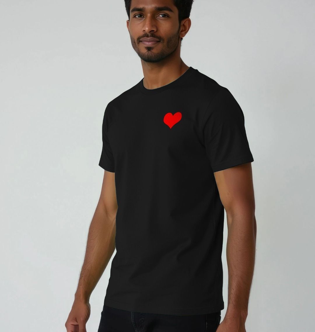 black t-shirt printed on the left chest with a red heart