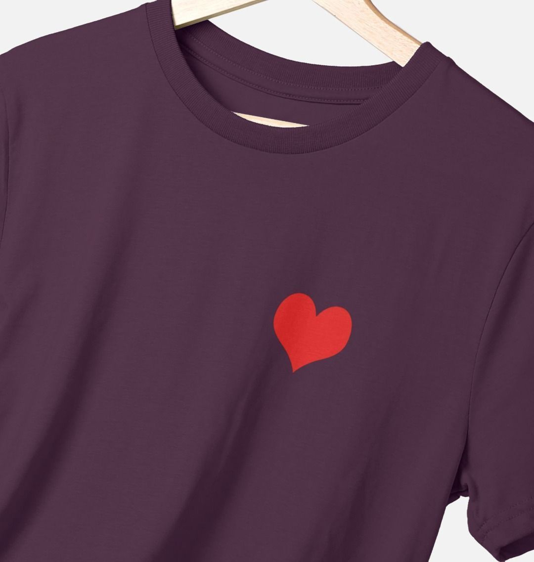 purple t-shirt printed on the left chest with a red heart