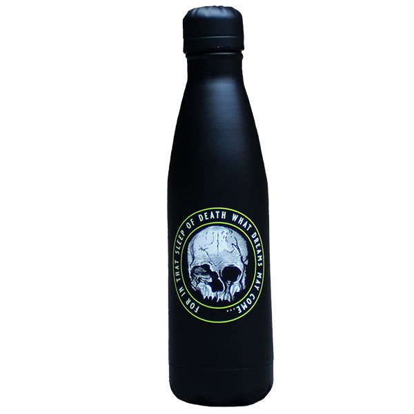 Black matt drinks bottle with central white and yellow skull graphic and surrounding Hamlet quote text