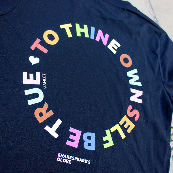 black t-shirt printed on the back with a colourful quote