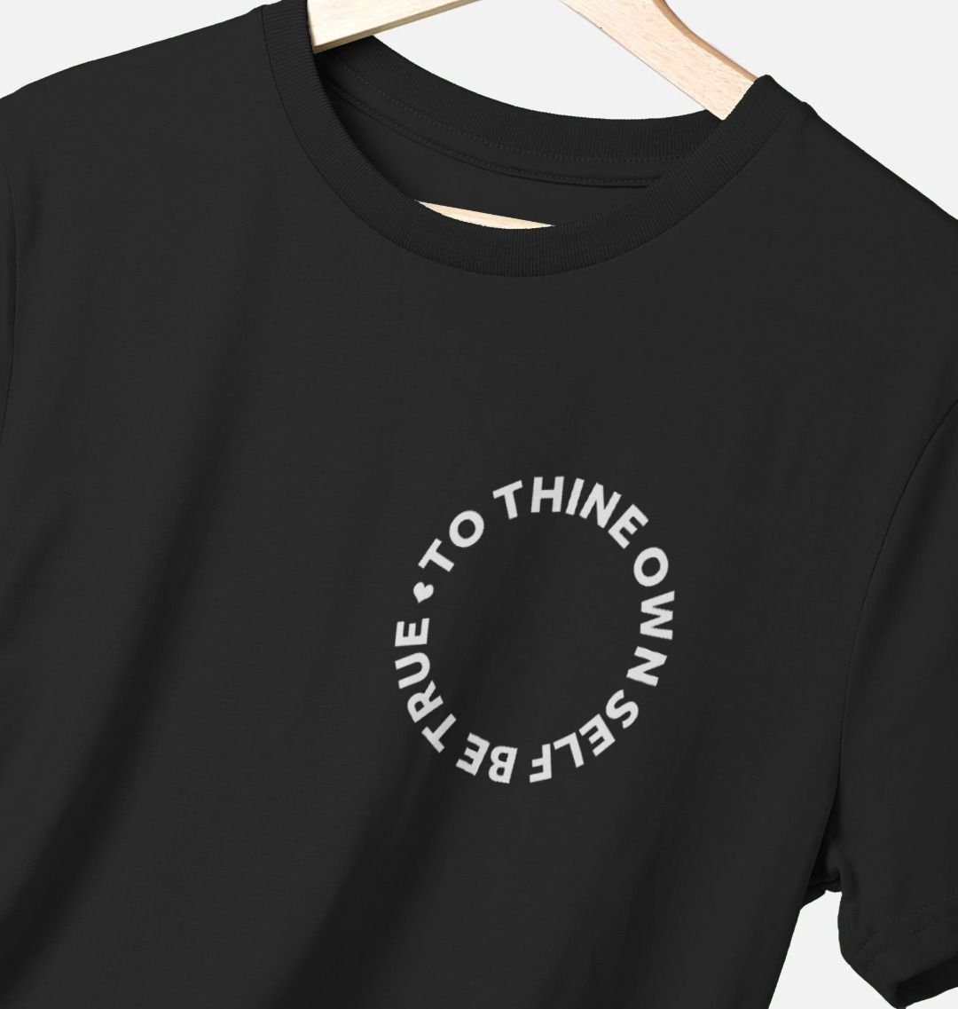 black t-shirt with a circular white text print to the left chest