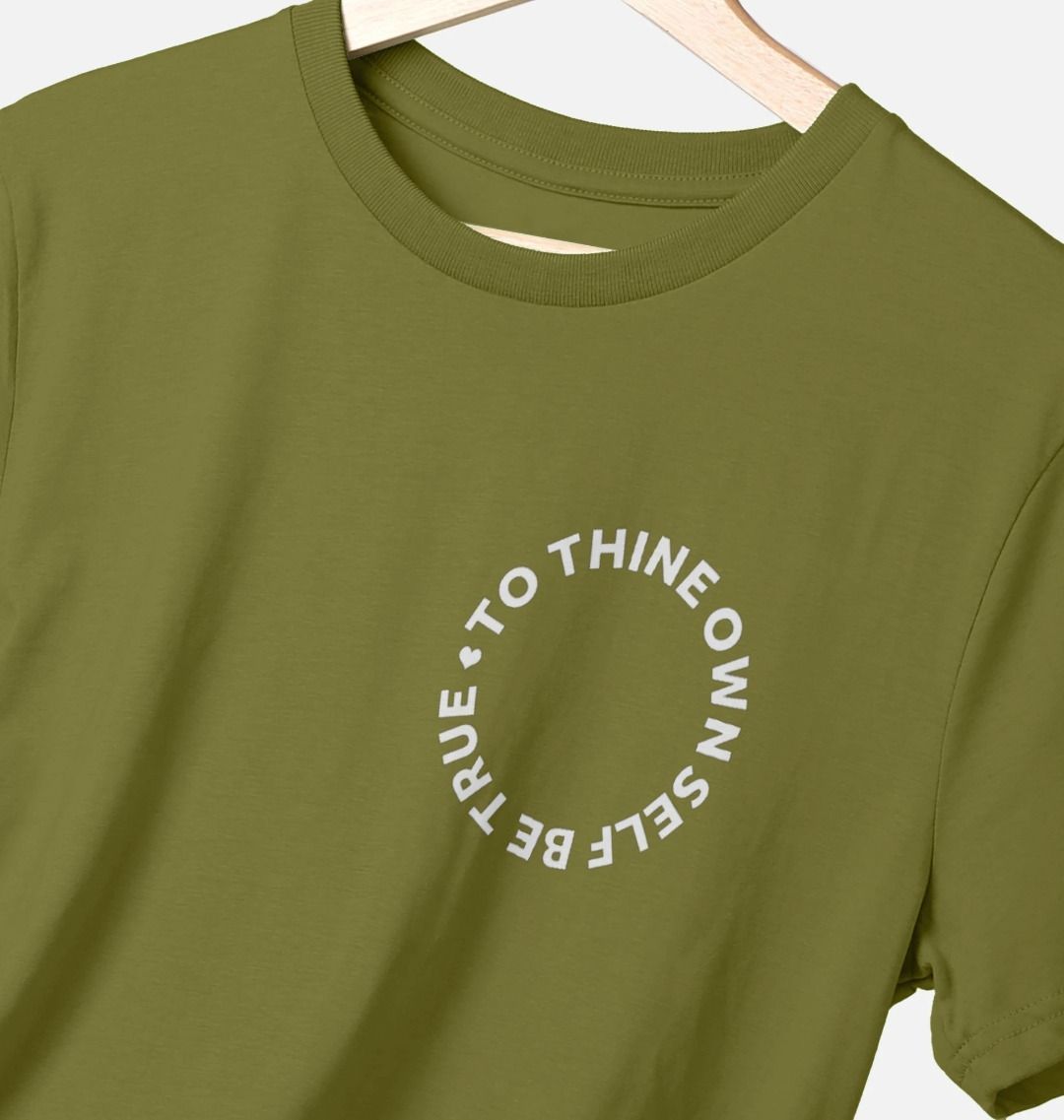 olive green t-shirt with a circular white text print to the left chest